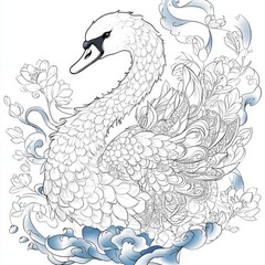 Fototapeta premium Elegant Ornate Swan with Floral Design - Coloring Page and Tattoo Art