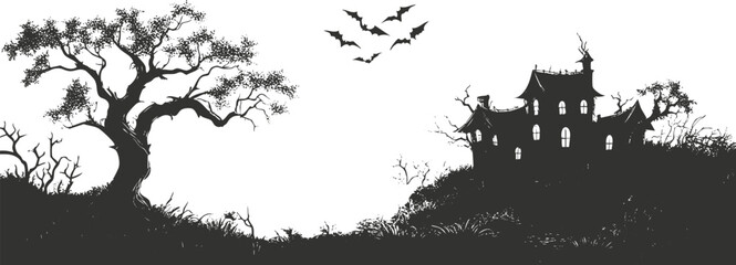 Obraz premium Silhouette of haunted house with bats and tree for Halloween theme.
