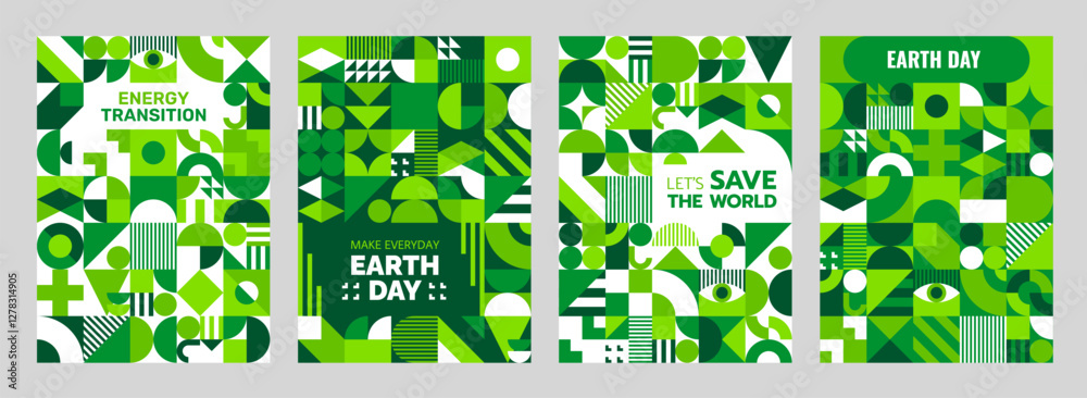 Poster Earth day environment and ecology posters with green modern abstract geometric pattern. Green energy and clean environment leaflet vector page or poster with abstract minimalism pattern background