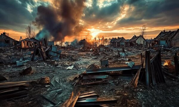 Devastated landscape at sunset with smoke rising from ruins of destroyed buildings
