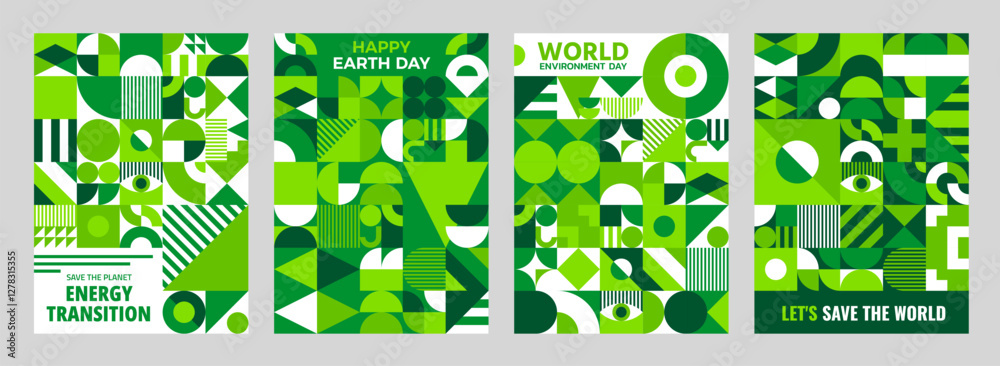 Poster earth and world environment day ecology posters with green modern geometric pattern.. vector vertica