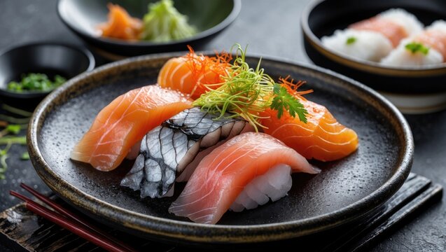 Kanpachi sashimi served on a dark plate with vibrant garnishes and empty space for text, ideal for culinary or restaurant promotions.