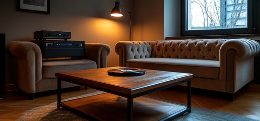 Cozy evening ambiance with vintage audio equipment and comfortable furniture