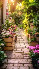 Naklejka premium Sunny garden pathway with flowers, peaceful, relaxing