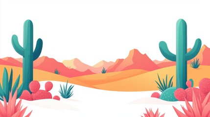 Desert landscape with colorful cacti and mountains
