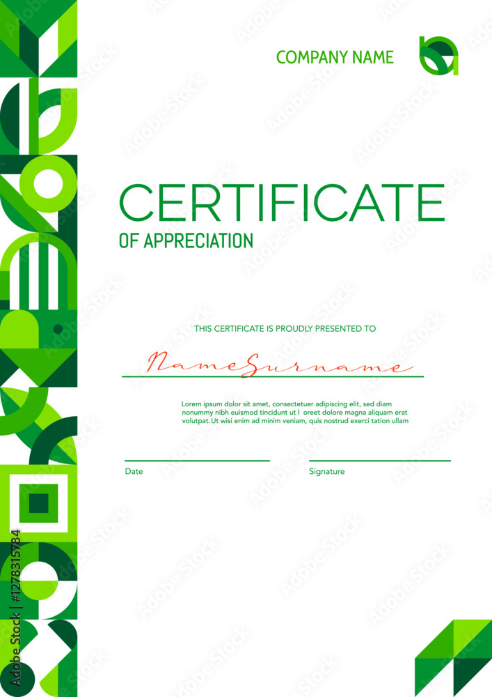 Poster environment ecology theme, certificate of appreciation template with green abstract modern geometric