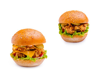 Delicious chicken burgers with fresh toppings and sesame buns