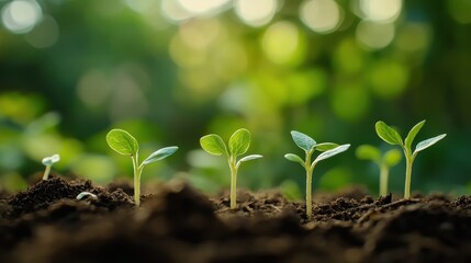 Close-up of young green seedlings emerging from rich soil, surrounded by a blurred natural background, symbolizing growth and renewal.