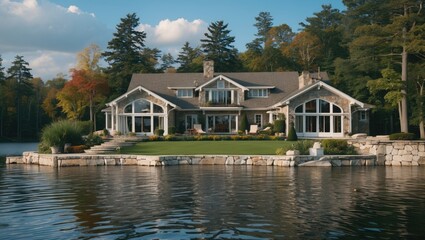 Lakeside luxury home with stunning architecture and serene natural surroundings reflecting tranquility and elegance by the water.