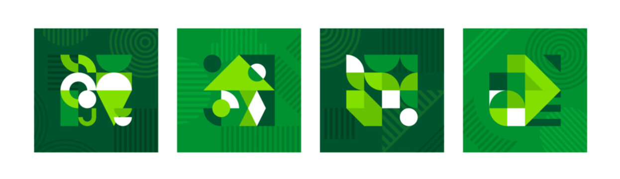 Environment ecology banners with green modern abstract geometric pattern. Vector graphic mosaic with simple geometry shapes and elements, eco green, ecology, environment and nature theme posters