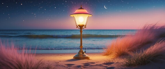 Lamp by the seaside illuminating a serene summer night with gentle waves and starry sky, perfect for adding text or messages.