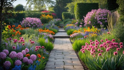 Vibrant Flower Garden Pathway Surrounded by Blooming Plants in a Serene Landscape