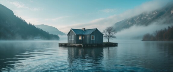 Obraz premium Serene Floating House in Tranquil Waters with Misty Mountains and Calm Blue Sky Perfect for Nature and Travel Themes