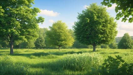 Lush green landscape in summer featuring vibrant trees and grass in a serene countryside setting under a clear blue sky.