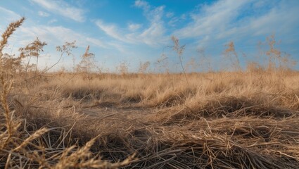 Fototapeta premium Dry grass landscape under a vast blue sky with wispy clouds creating a serene natural scene for outdoor and environmental themes.