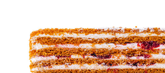 Fototapeta premium Layered cake with cream and berry filling on white