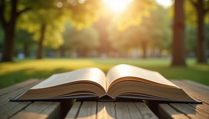 Conceptual outdoor shot of an open book on a wooden bench with pages turning in a light breeze and warm sunlight