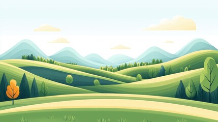 Obraz premium Colorful landscape with hills and trees under clouds