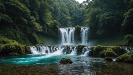 Naklejka premium Enchanting Waterfall Cascading Through Lush Green Forest Surrounded by Serenity and Natural Beauty