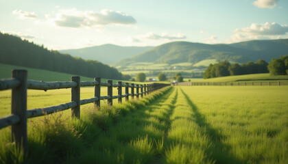 Fototapeta premium Photorealistic rural scene of a wooden fence stretching across a lush green meadow with rolling hills in the background