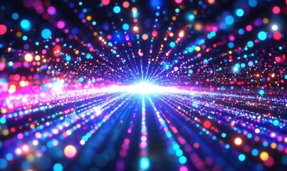 Naklejka premium Colorful particles stream towards bright light, ideal for festive backgrounds