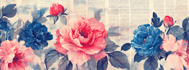 Vintage floral newspaper texture background, with peonies and roses
