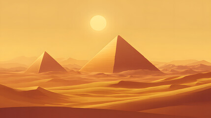 Golden sunset over ancient pyramids, vast desert landscape with warm hues, evokes mystery and historical significance.