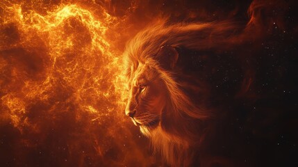 A magnificent lion's head emerges from a fiery cosmic backdrop, blending elements of strength and majesty, in a stunning display of vivid orange and yellow hues.