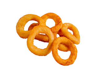 Crispy golden onion rings arranged on a white background