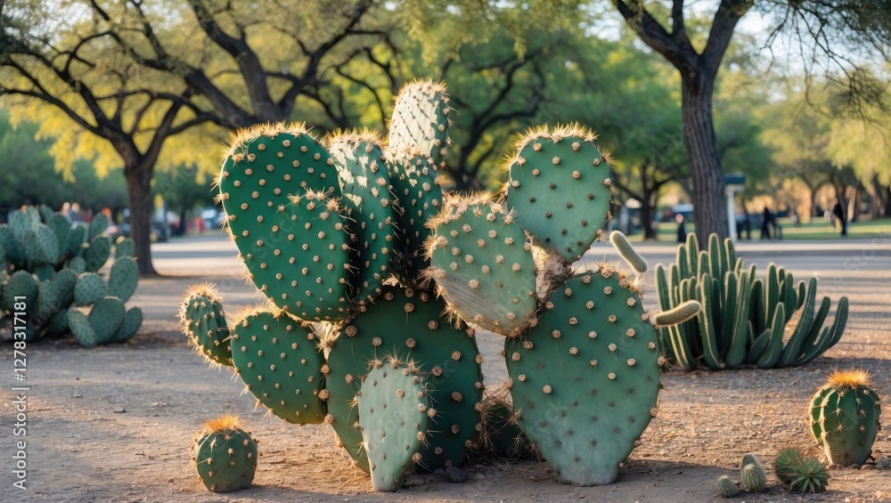Poster lush green prickly cactus cluster in park setting with ambient trees and clear space for text or des