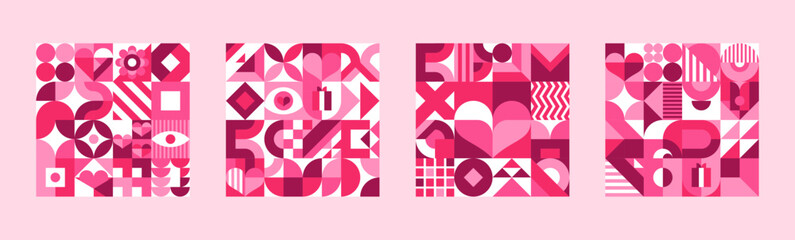 Pink geometric shapes for Valentine day tile background, vector patterns. Valentine day holiday pattern of abstract geometric hearts, flowers or kiss lips shapes and simple love or wedding elements