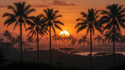 Tropical Sunset Landscape with Silhouetted Palm Trees Against Vibrant Orange Sky and Reflective Water Surface.