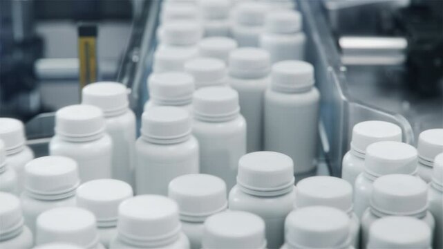 Close-up of Plastic Medicine Bottles with Pills on Conveyor at Pharmaceutical Production Plant. Medication Manufacturing Process at Pharmaceutical Drug Factory 