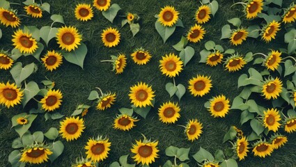 Vibrant Sunflower Field Over Green Grass with Copy Space for Text or Designs in Natural Outdoor Setting