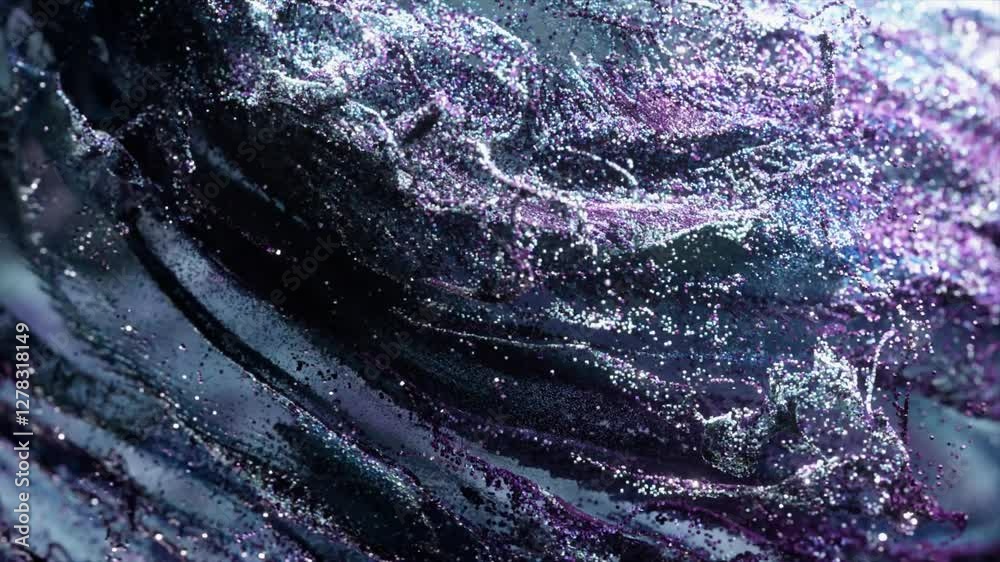 Poster glittering particles swirling and merging into fluid wavy patterns, generating dynamic luminous visu