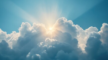 Radiant sunlight breaking through soft, fluffy clouds, creating a serene and uplifting atmosphere.