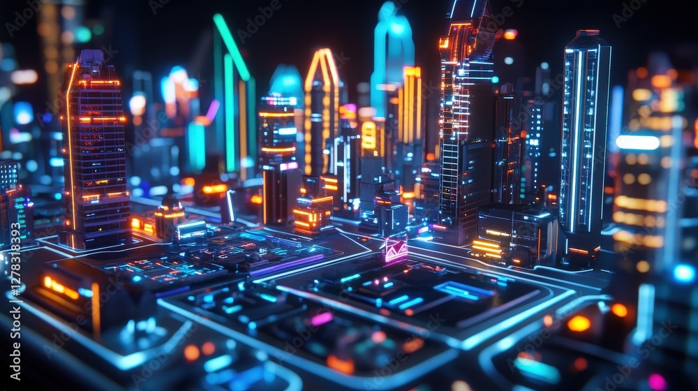 Poster a futuristic interface displaying a real-time digital twin simulation of a smart city, managed by ai