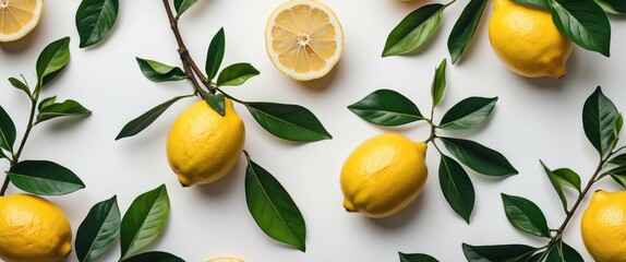 Fresh Lemons with Leaves and Stems on White Background Ideal for Culinary and Natural Product Advertisements with Space for Text