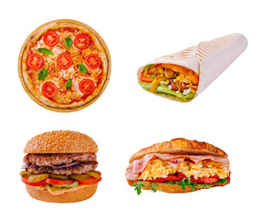 Delicious assorted fast food options with pizza, wrap, and burgers