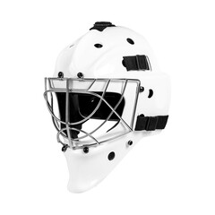 A black and white drawing of a goalie helmet on white
