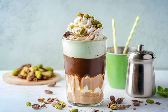 Dubai Chocolate Ice Cream iced coffee latte with pistachio ice cream, tahini, kataifi, whipped cream chocolate drops and dubai chocolate flavored syrup, on white green table, copy space
