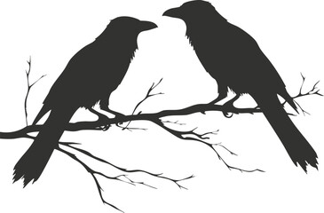 Obraz premium Silhouette of two ravens perched on a bare branch.