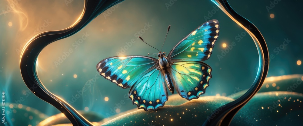 Poster vivid blue butterfly with stunning patterns on abstract background and empty space for text in a cre