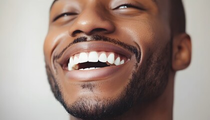 Close up of handsome man smiling and showing perfect teeth