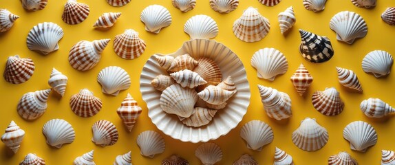 Vibrant Yellow Background with Levitation Sea Shells Creating a Holiday Vacation Theme and Space for Text or Graphics