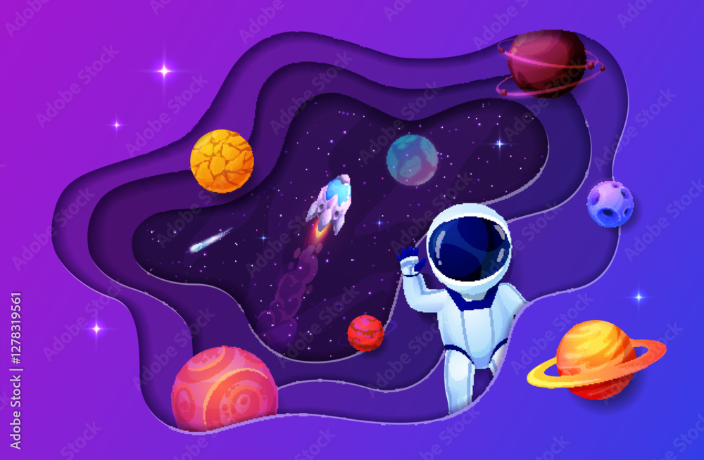 Poster Space paper cut astronaut and galaxy planets with rocket spaceship. Vector 3d design with spacecraft in Universe and papercut frame. Shuttle futuristic cosmic travel in Galaxy, alien world exploration