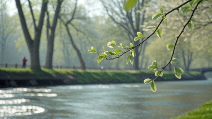 Naklejka premium Tree branches against the background of the Park Canal, with trees growing on the opposite bank and people walking, capturing the peaceful vibe of a spring day