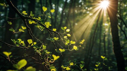 Obraz premium Tree branches in a dense forest with bright sun rays breaking through the dense crowns of trees, highlighting the beauty of a spring morning