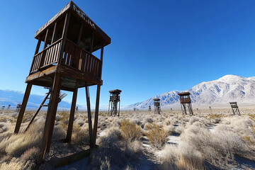 Fototapeta premium Surveillance towers overlook desolate countryside landscape under clear blue sky