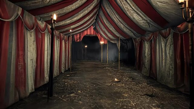 Dimly lit circus tent interior with striped fabric, flickering lights, and eerie atmosphere